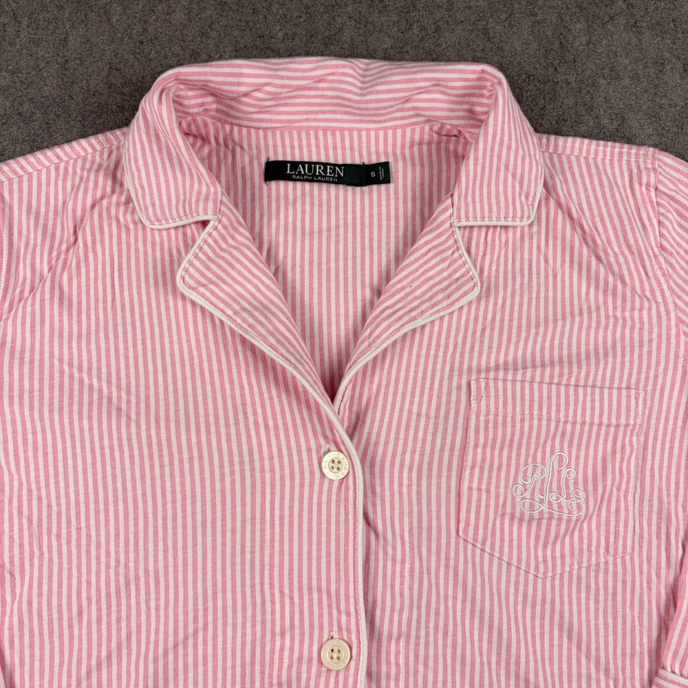 Lauren Ralph Lauren Pajama Top Shirt Button Up Size Small Pink White Stripe Logo - Picture 3 of 6